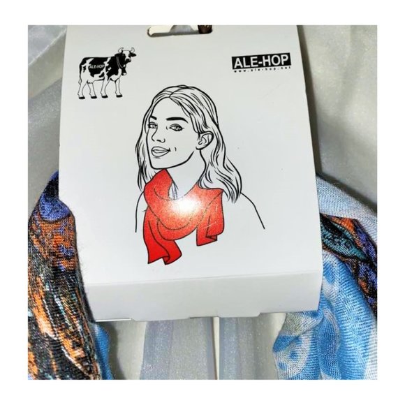 NWT Ale Hop Scarf With Tassels - Blue, Pink, Peacock Feather Pattern - Picture 3 of 5